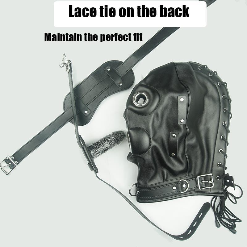 Leather Hood For Mask Removable Dildo Ball Gag B