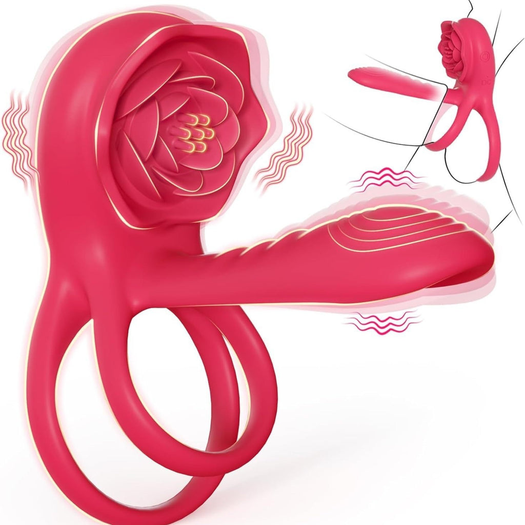 Double Vibrating Cock Ring With Rose Clitoral Stimulator