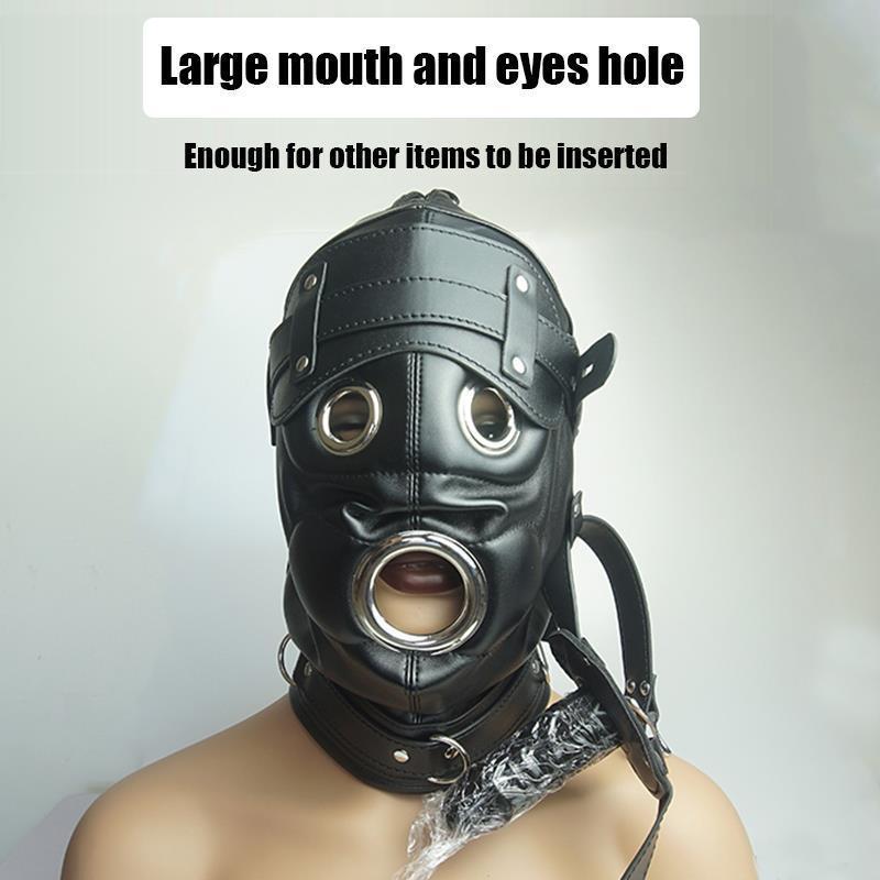 Leather Hood For Mask Removable Dildo Ball Gag B