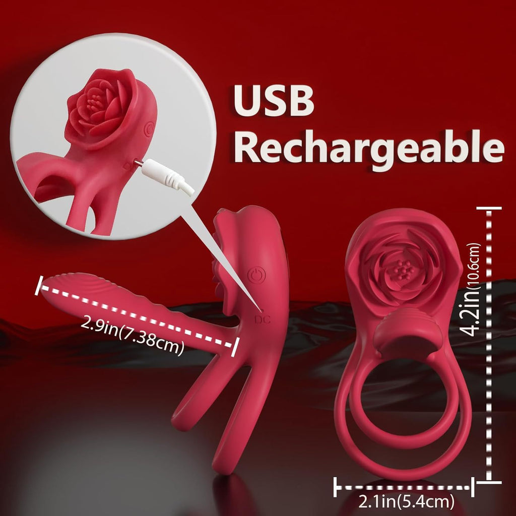 Double Vibrating Cock Ring With Rose Clitoral Stimulator