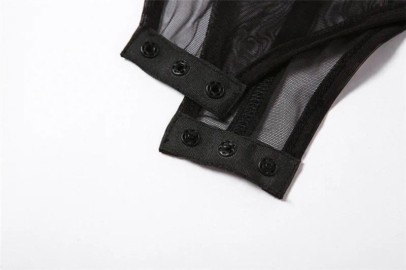 Black Bodysuit Lingerie Sexy Body Feminino See Through Corset Top Women Rave Outfit Mesh Patchwork One-Pieces Lenceria Femenina