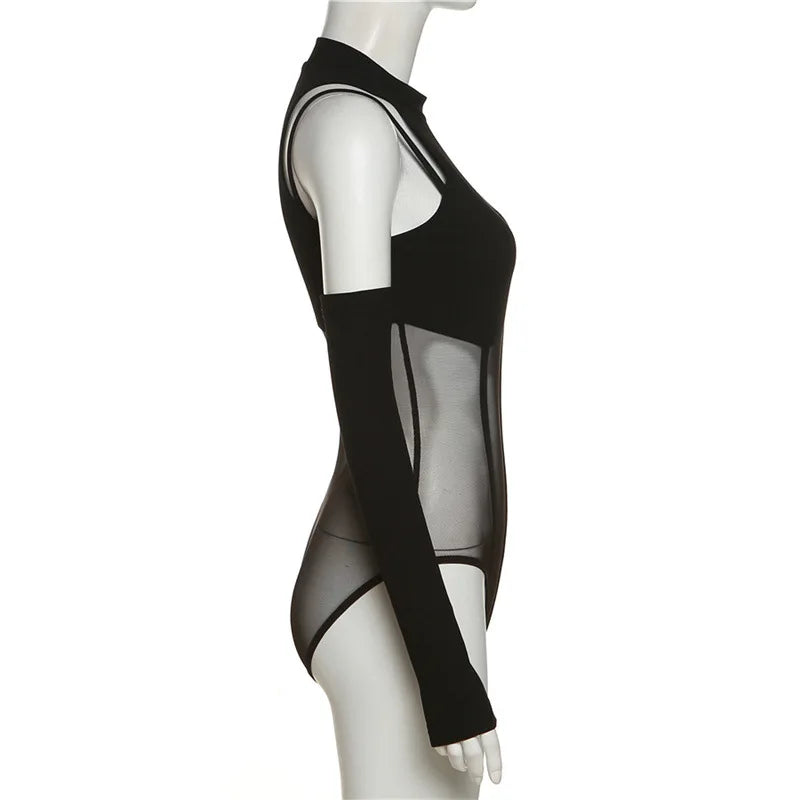 Black Bodysuit Lingerie Sexy Body Feminino See Through Corset Top Women Rave Outfit Mesh Patchwork One-Pieces Lenceria Femenina