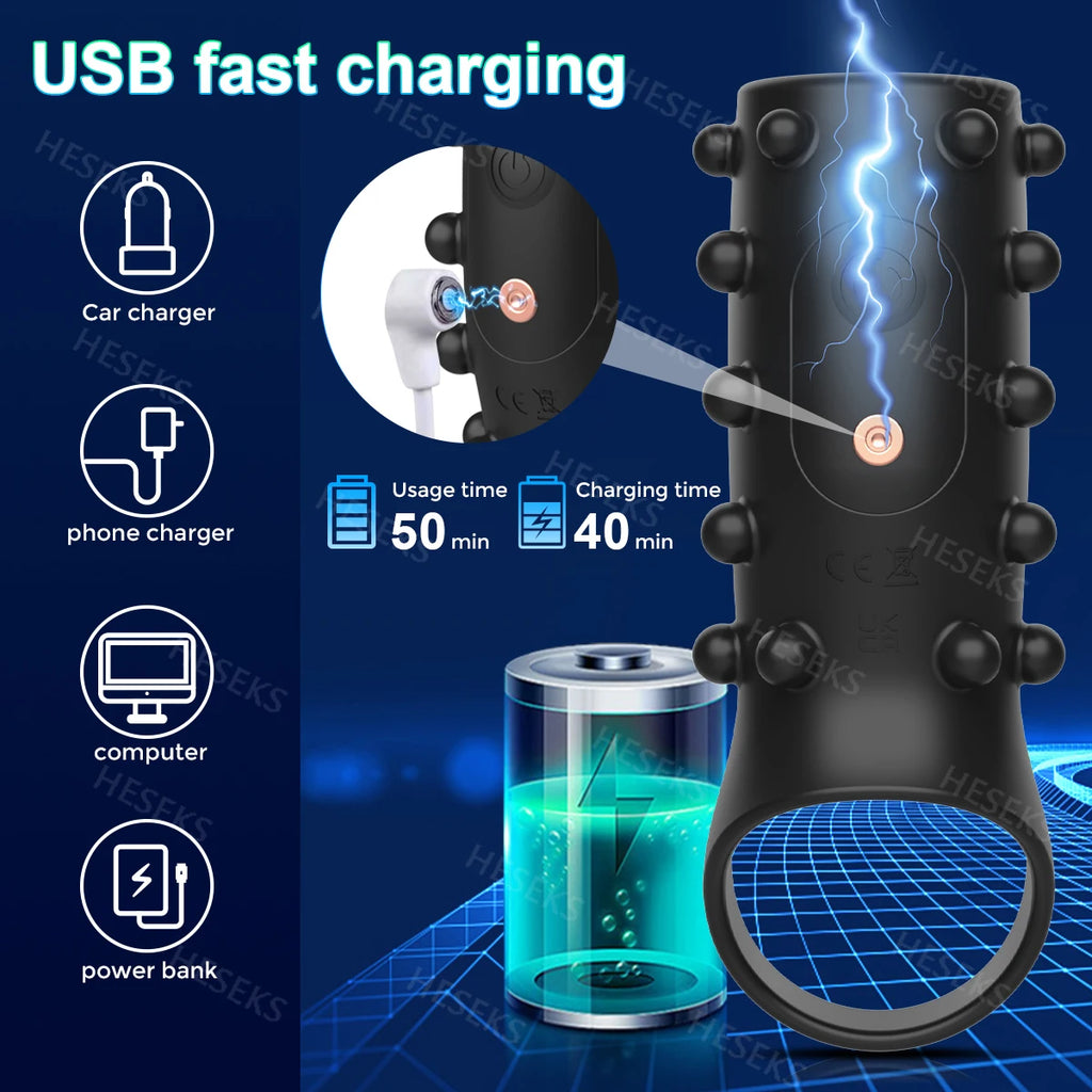 HESEKS Vibrator Penis Sleeve Cock Ring Extender for Penis Testicles G Spot Stimulation Couples Adult Sex Toys for Men Women 18+