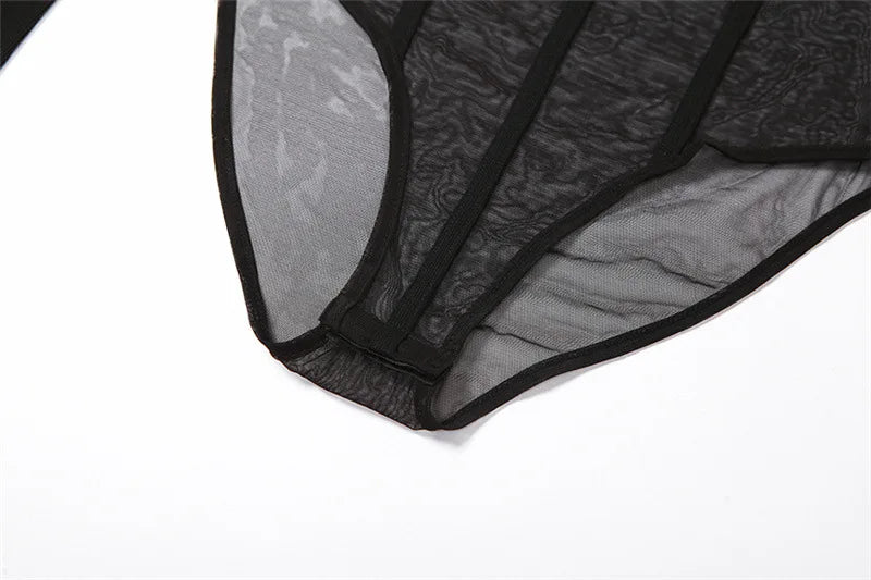 Black Bodysuit Lingerie Sexy Body Feminino See Through Corset Top Women Rave Outfit Mesh Patchwork One-Pieces Lenceria Femenina