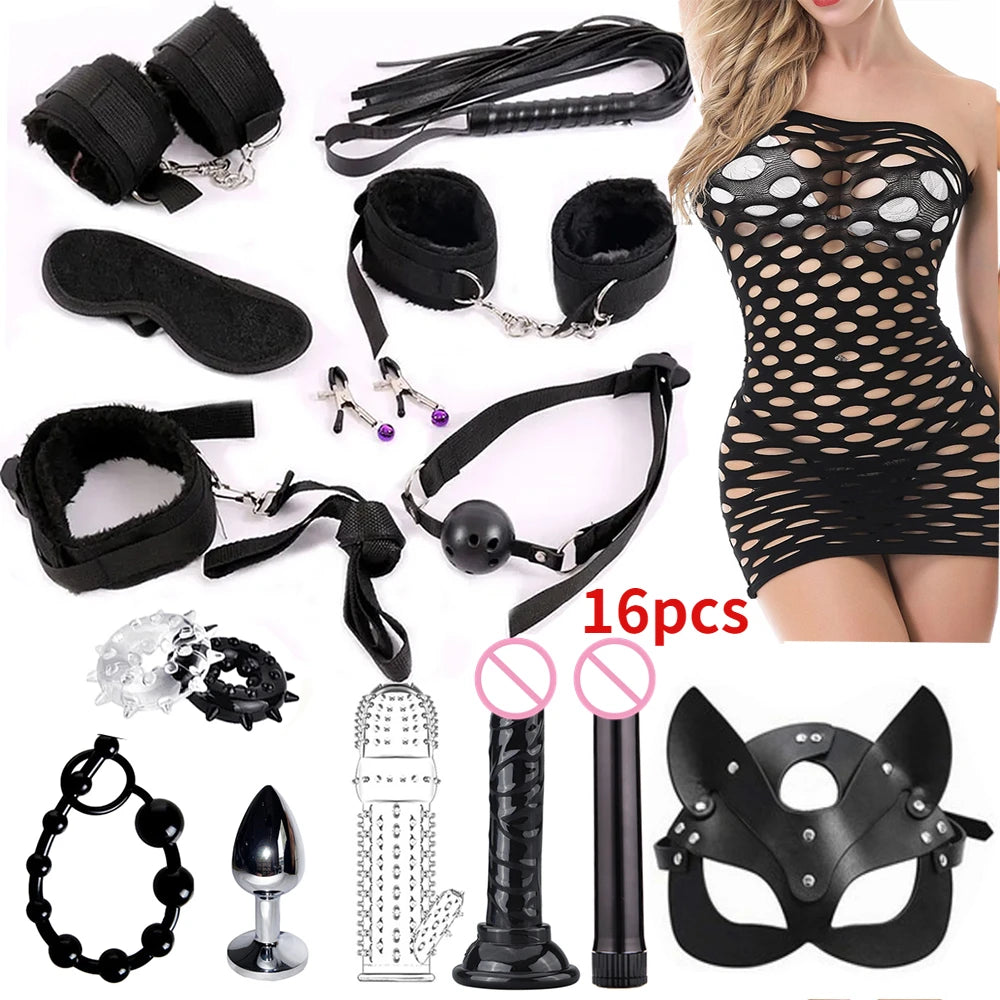 Fetish BDSM 37pcs Black Wolf Kit Sex toy Handcuffs for women adult Handcuffs Whip Anal plug vibrator bondage rope Sex sexy game
