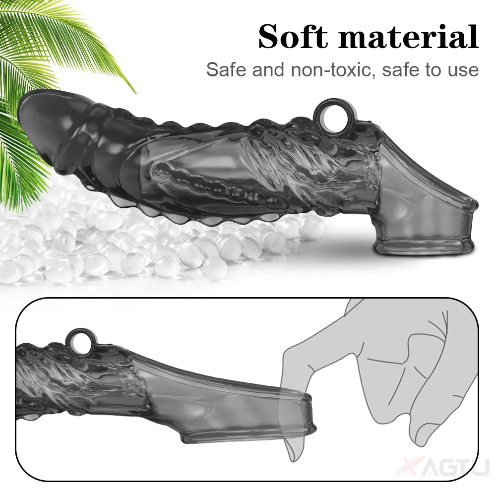 Vibrator Reusable Penis Sleeve Flexible Glans Penis Enlarger Extender Delay Ejaculation Cock Ring Adult Sex Toys for Men Couples
