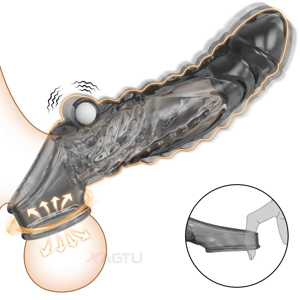 Vibrator Reusable Penis Sleeve Flexible Glans Penis Enlarger Extender Delay Ejaculation Cock Ring Adult Sex Toys for Men Couples