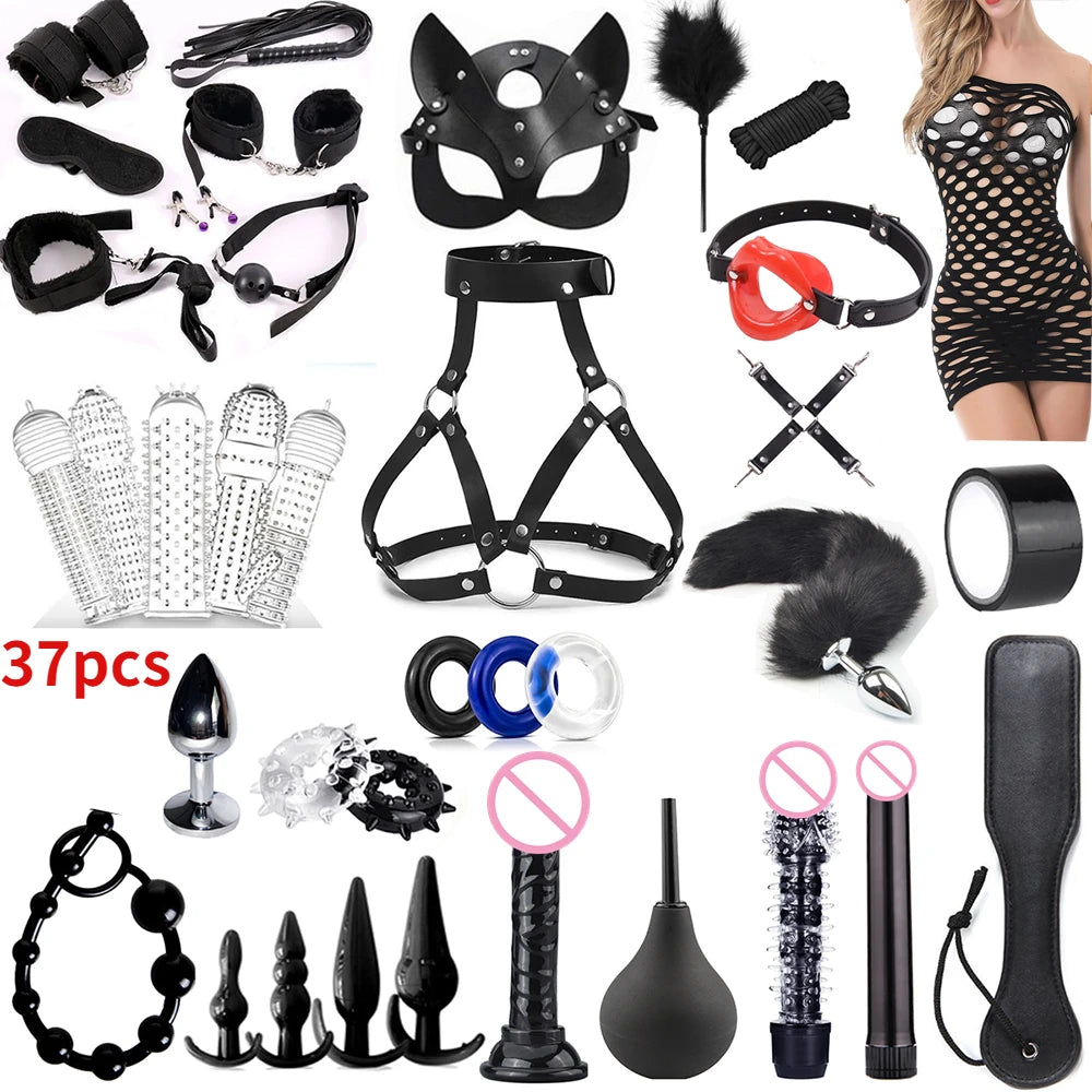 Fetish BDSM 37pcs Black Wolf Kit Sex toy Handcuffs for women adult Handcuffs Whip Anal plug vibrator bondage rope Sex sexy game