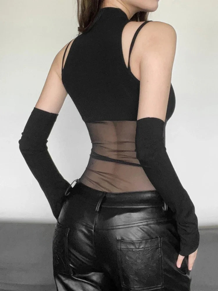 Black Bodysuit Lingerie Sexy Body Feminino See Through Corset Top Women Rave Outfit Mesh Patchwork One-Pieces Lenceria Femenina