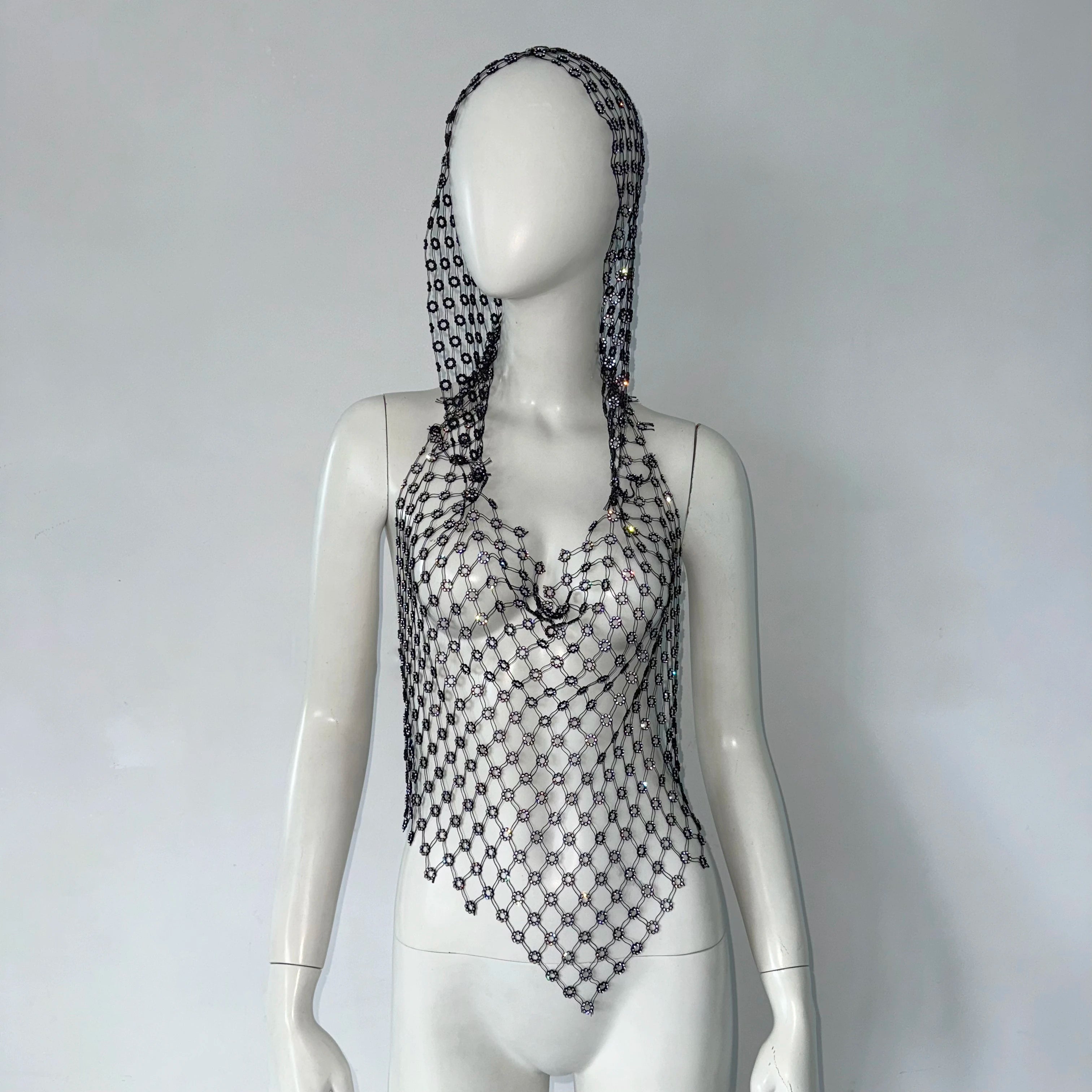 Glitter Rhinestone Mesh Hooded Tank Top Summer Women Sexy See Through Hollow Out Backless Camisole Rave Party Club Crop Tops