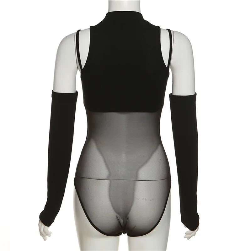 Black Bodysuit Lingerie Sexy Body Feminino See Through Corset Top Women Rave Outfit Mesh Patchwork One-Pieces Lenceria Femenina