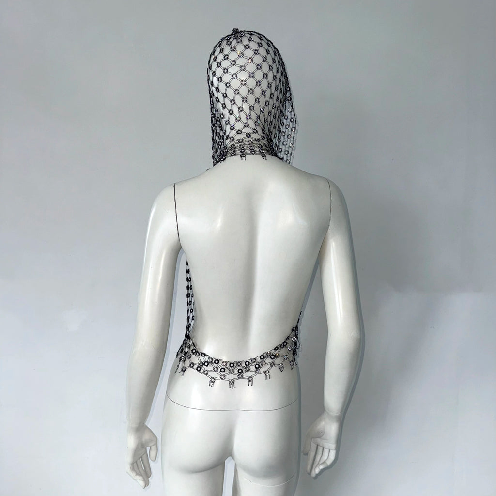 Glitter Rhinestone Mesh Hooded Tank Top Summer Women Sexy See Through Hollow Out Backless Camisole Rave Party Club Crop Tops