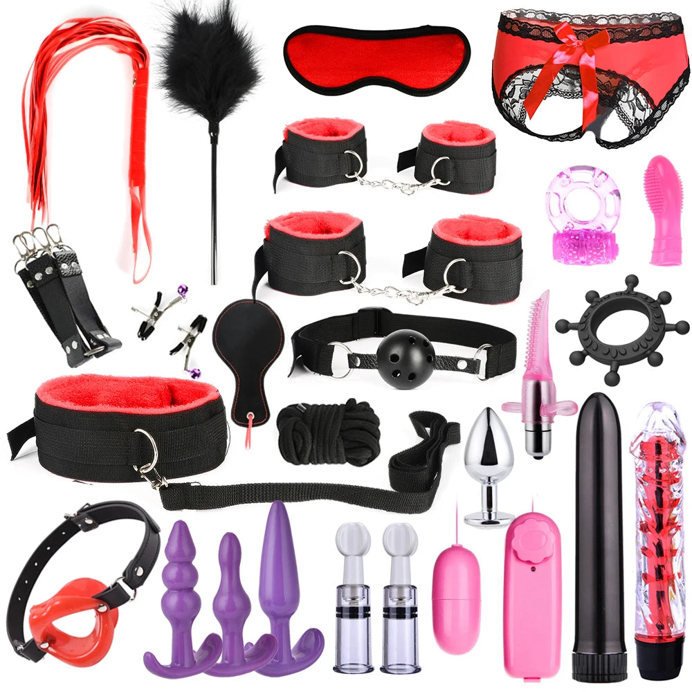 BDSM Adult Sex Toy Kits Sets for Sexy Games Bondage Mask Set Feather Handcuffs Ankle Cuff Restraints for Couple Sexual Aids ﻿18+