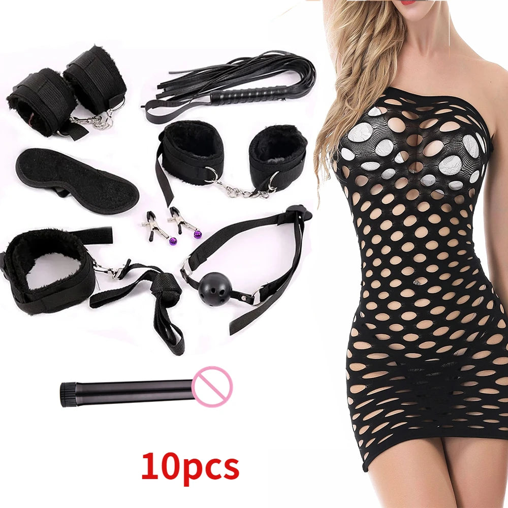 Fetish BDSM 37pcs Black Wolf Kit Sex toy Handcuffs for women adult Handcuffs Whip Anal plug vibrator bondage rope Sex sexy game