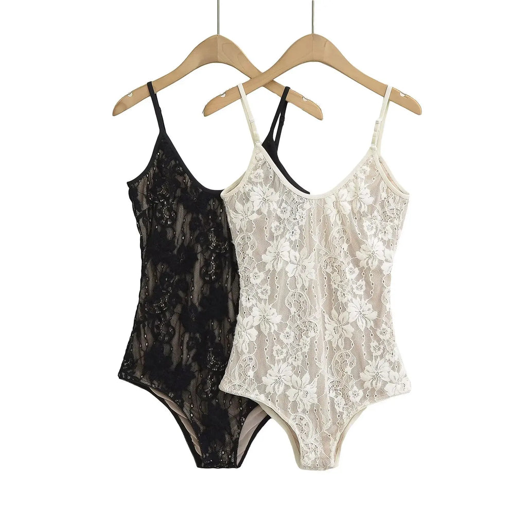 Sexy See Through Lace With Lining Backless Spaghetti Strap Bodysuit Woman Sling Tight Short Jumpsuit Slim fit Rompers Playsuits