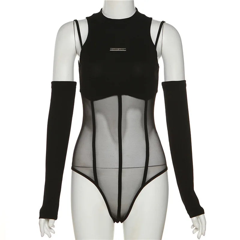 Black Bodysuit Lingerie Sexy Body Feminino See Through Corset Top Women Rave Outfit Mesh Patchwork One-Pieces Lenceria Femenina