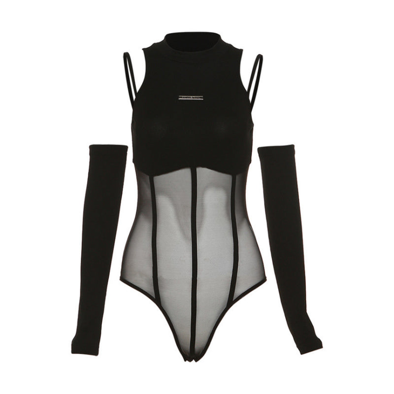 Black Bodysuit Lingerie Sexy Body Feminino See Through Corset Top Women Rave Outfit Mesh Patchwork One-Pieces Lenceria Femenina