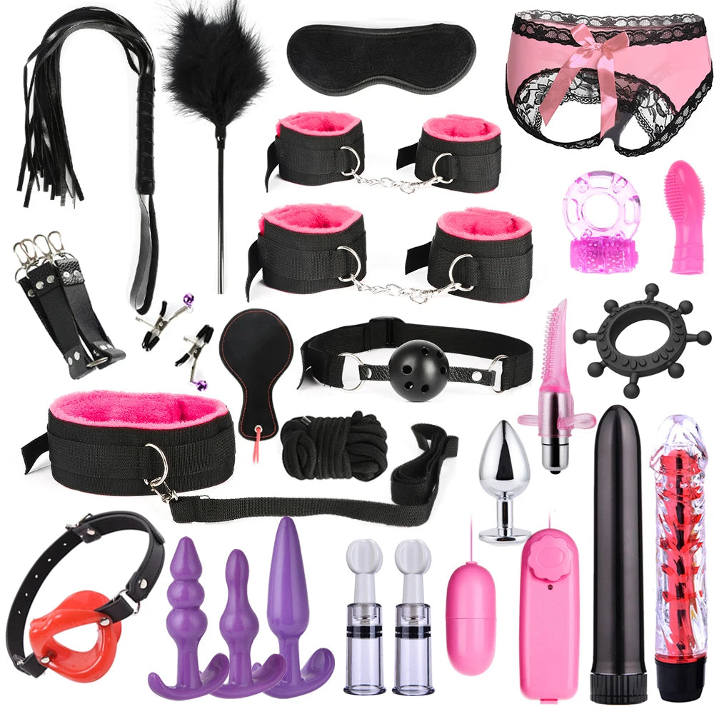 BDSM Adult Sex Toy Kits Sets for Sexy Games Bondage Mask Set Feather Handcuffs Ankle Cuff Restraints for Couple Sexual Aids ﻿18+