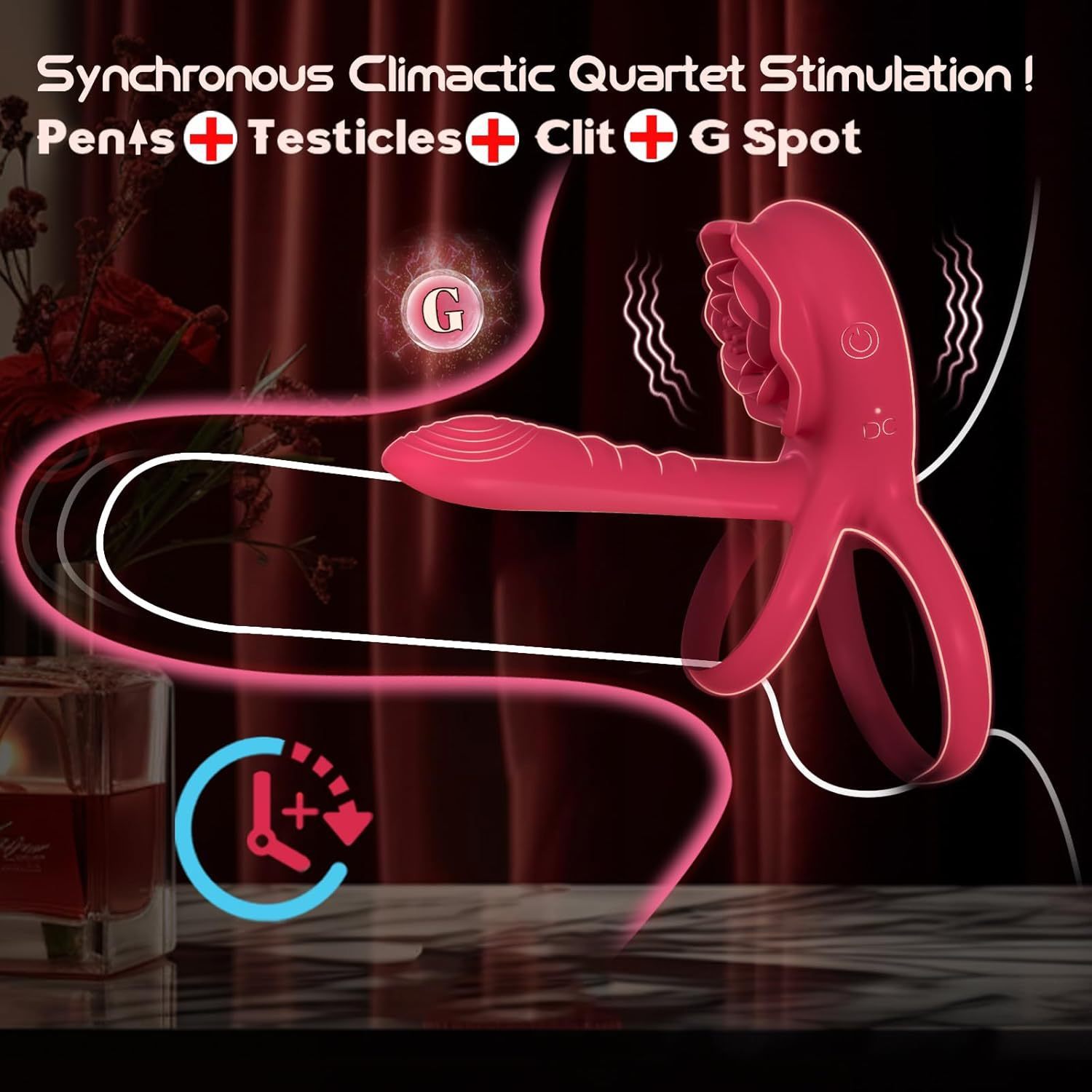 Double Vibrating Cock Ring With Rose Clitoral Stimulator